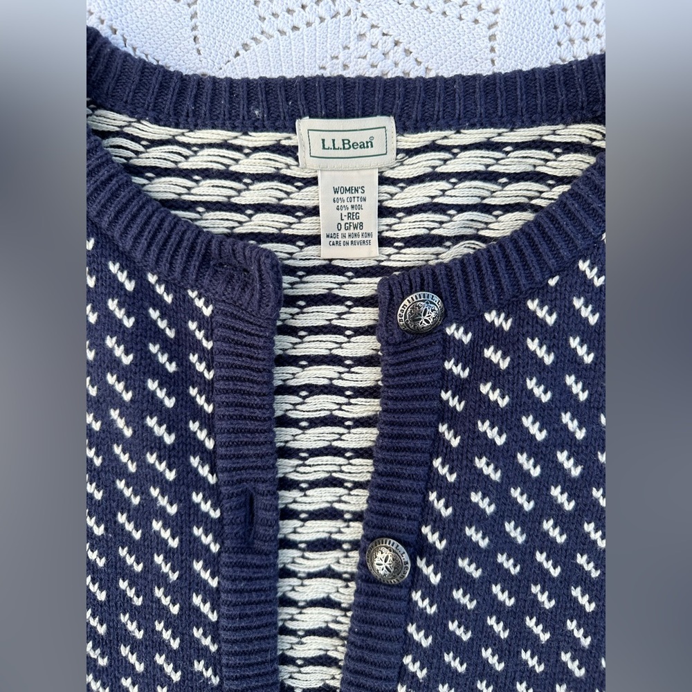 Vtg LL BEAN BirdsEye CARDIGAN Heavy Knit Wool Cotton SzL Coastal Cottage Staple